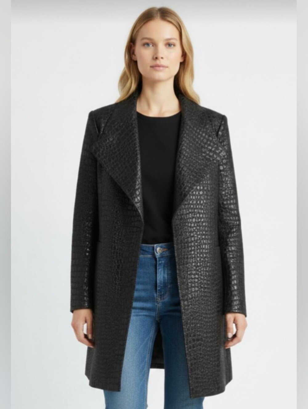 CHICO'S! BLACK FLOCKED SNAKE PATTERN OVERSIZED OPEN FRONT JACKET, BLAZER! SZ S